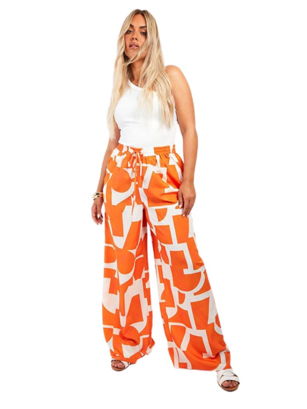 Boohoo Orange and White Geometric Print Wide Leg Pull-On Pants